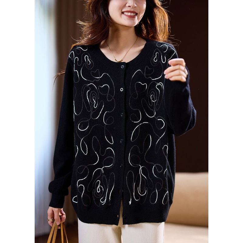 Black Button Cozy Wool Knit Cardigan Embroidered Spring