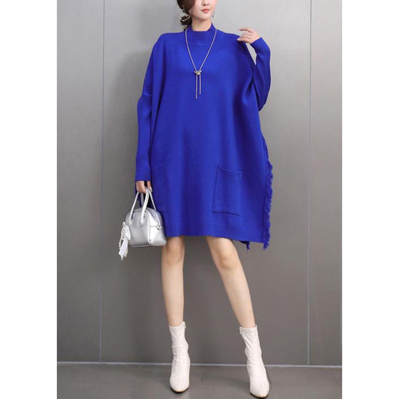 Blue Side Open Cotton Knit Sweater Batwing Sleeve
