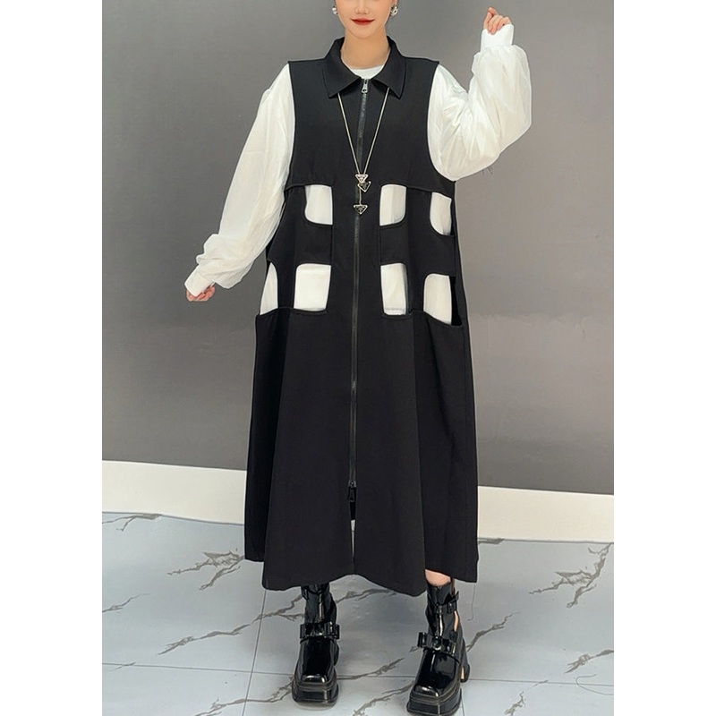 Bohemian Black Zippered Patchwork Hollow Out Long Waistcoat Dress Spring