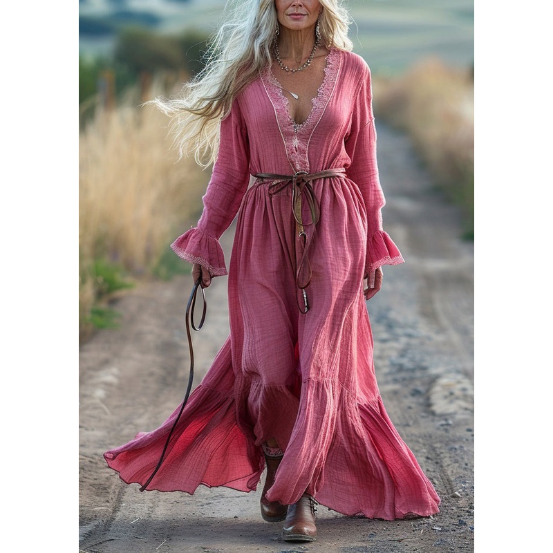 Bohemian Pink V Neck Patchwork Cotton Maxi Dresses Flare Sleeve