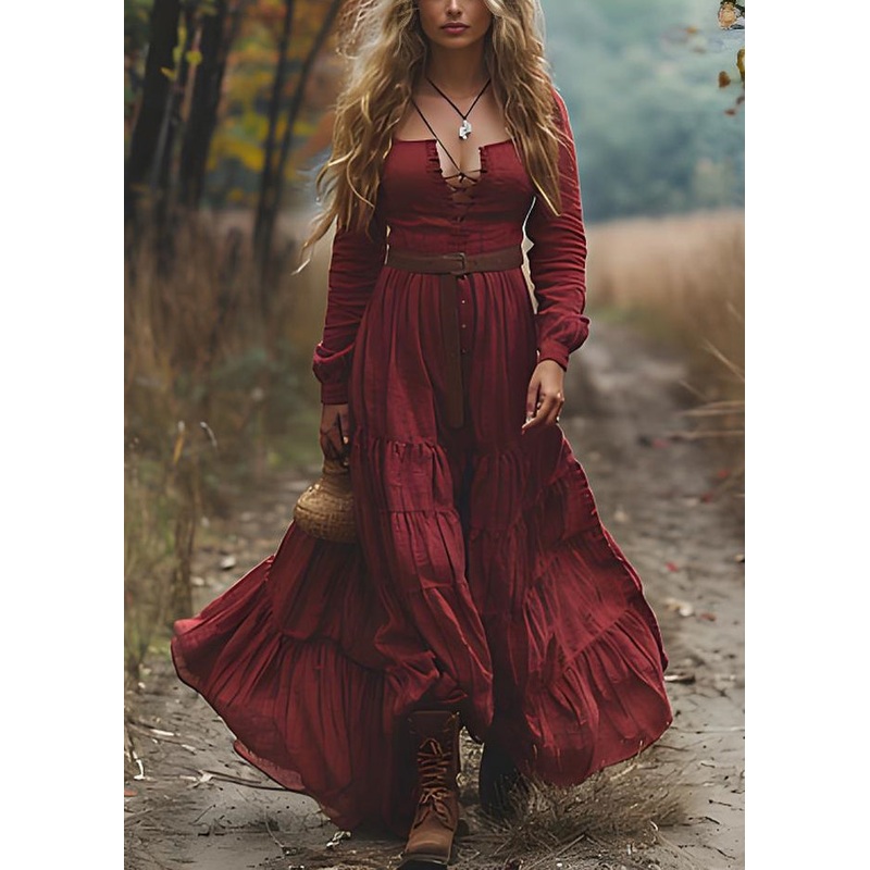 Bohemian Red WrinkledPatchwork Cotton Maxi Dresses Long Sleeve