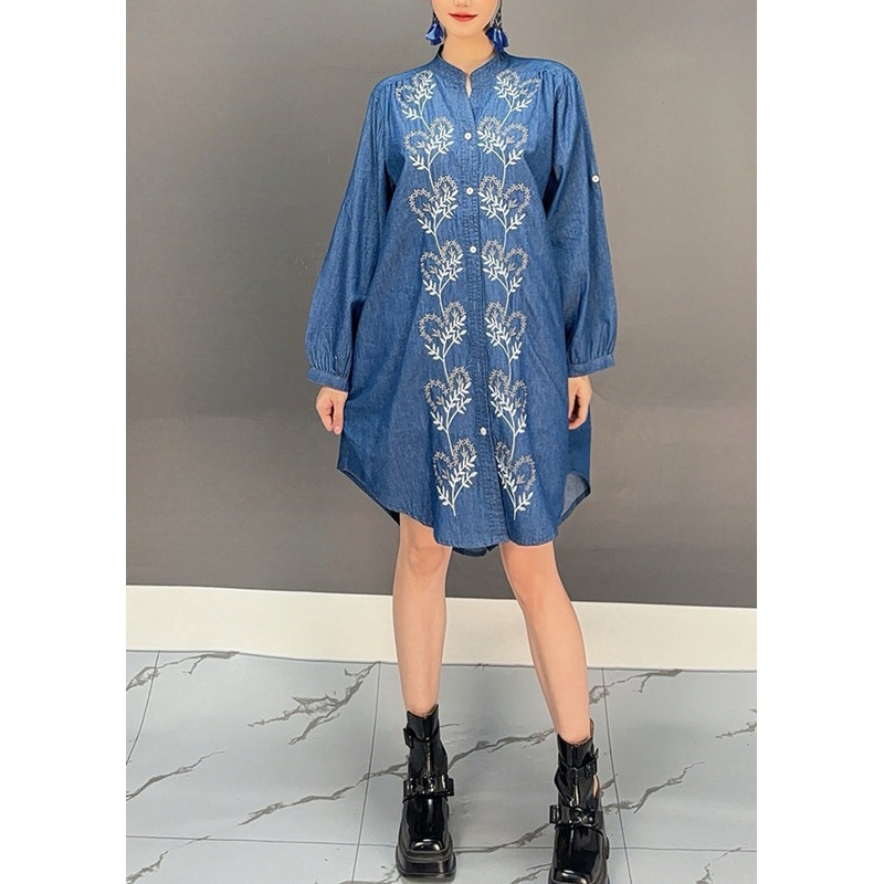 Boutique Blue Stand Collar Print Button Denim Shirts Spring