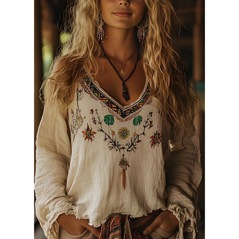Casual Beige V Neck Print Cotton Top Long Sleeve
