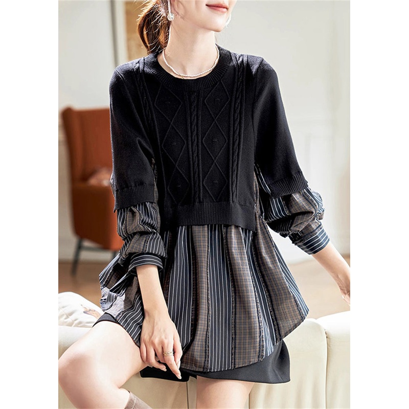 Casual Black O-Neck Fake Two Pieces Cotton Knit Patchwork Top Spring