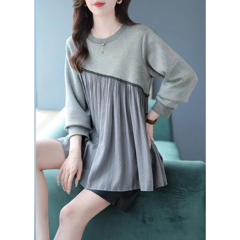 Fashion Grey O-Neck Wrinkled Patchwork Sweatshirt Spring