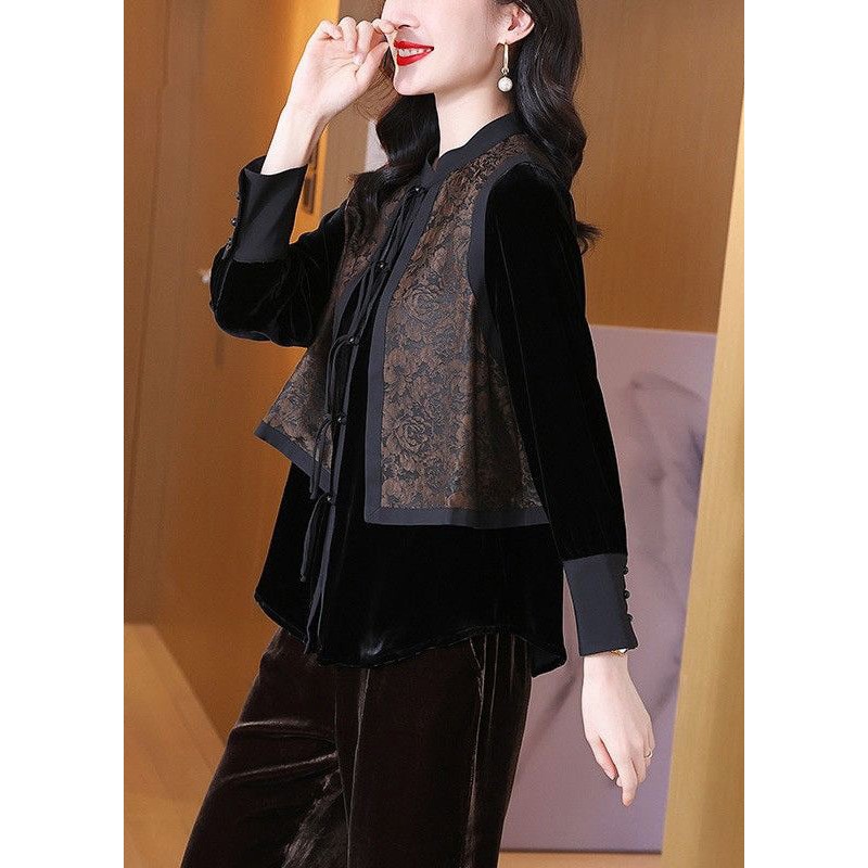 Fine Black Stand Collar Print Fake Two Pieces Silk Velour Shirt Spring