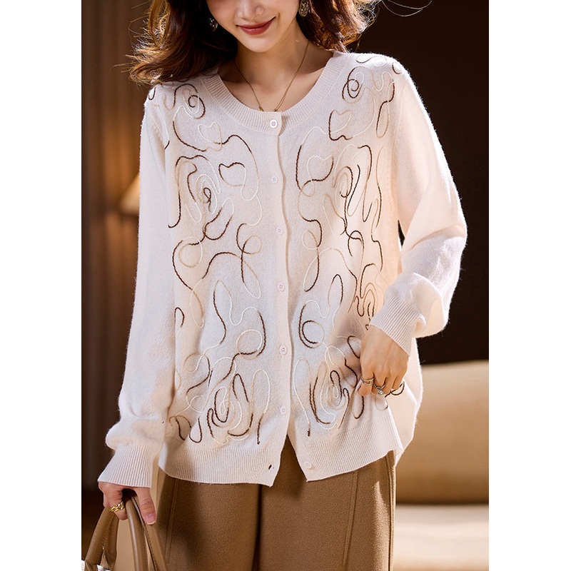 French White Embroidered Button Wool Knit Cardigan Spring