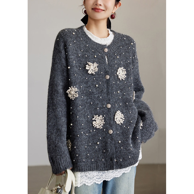 Handmade Dark Gray Button Nail Bead Knit Cardigan Spring
