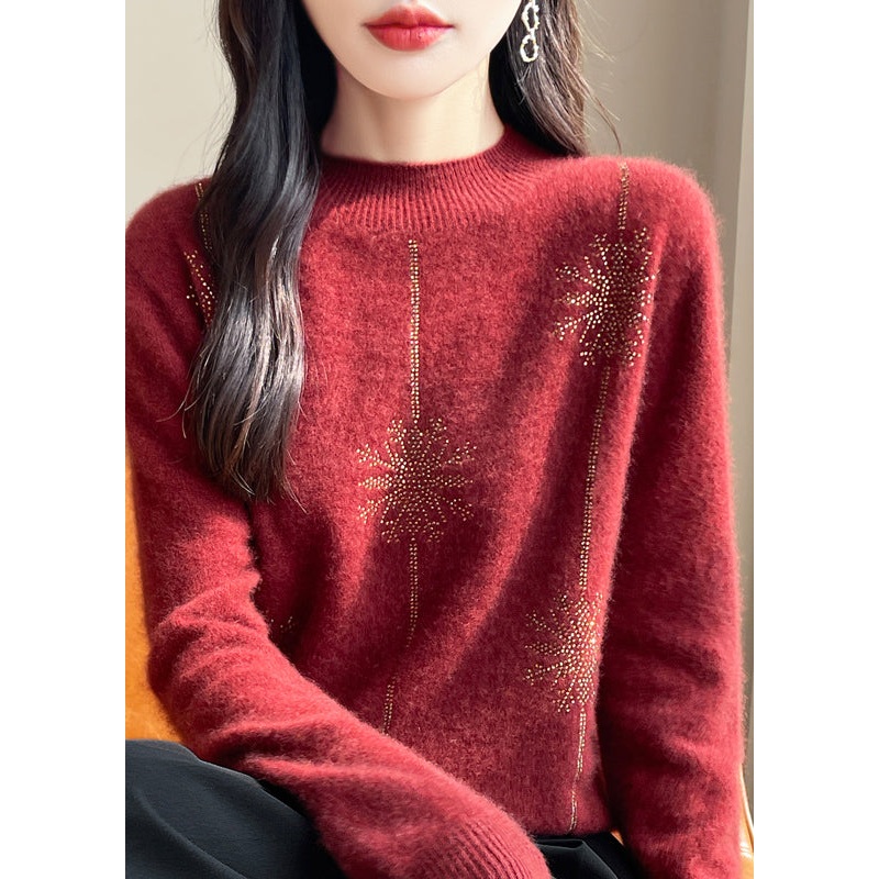 Loose Red Turtleneck Zircon Patchwork Thick Cotton Knit Sweater Winter