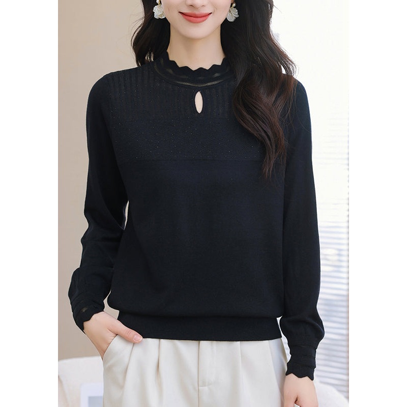 Modern Black Ruffled Thick Patchwork Wool Knit Sweater Winter