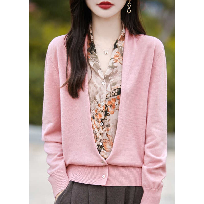 Modern Pink V Neck Print Fake Two Pieces Knit Cardigans Spring