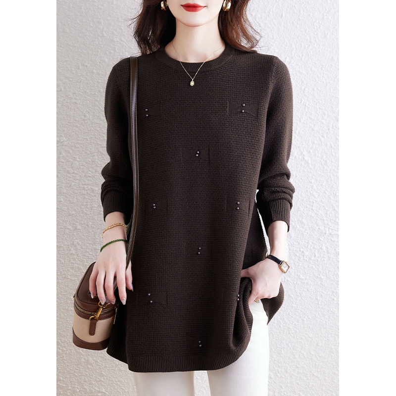 Natural Coffee O-Neck Nail Bead Solid Cotton Knit Sweaters Winter