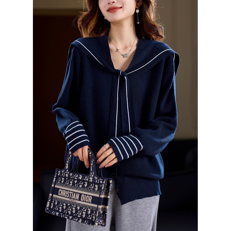 New Navy Sailor Collar Button Knit Sweater Spring