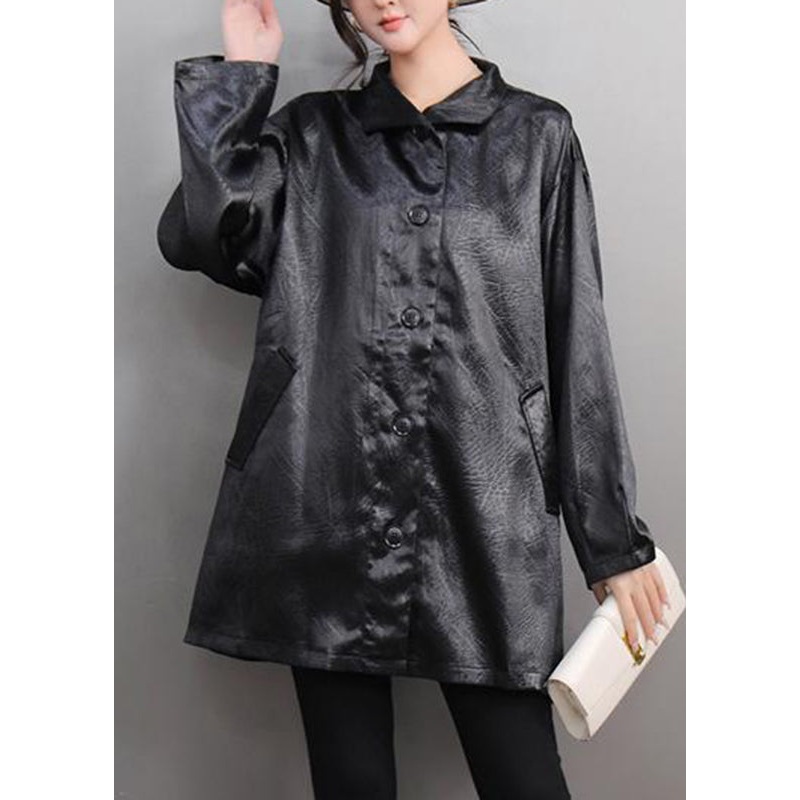 Simple Black Button Solid Silk Shirt Spring