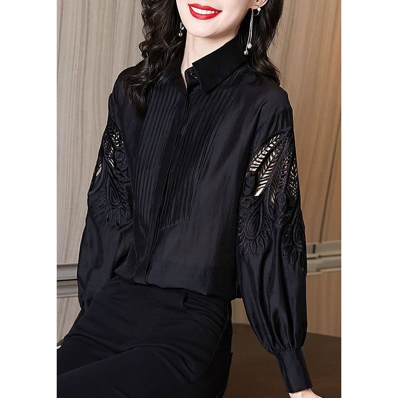 Stylish Black Embroidered Hollow Out Shirt Puff Sleeve
