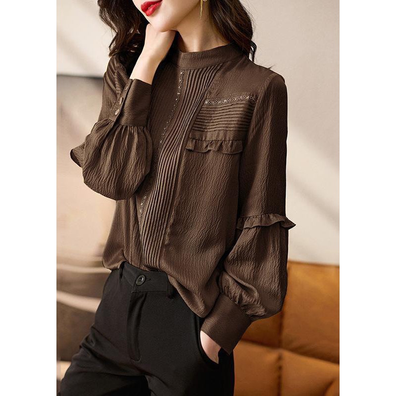 Stylish Chocolate O-Neck Ruffled Patchwork Shirt Spring