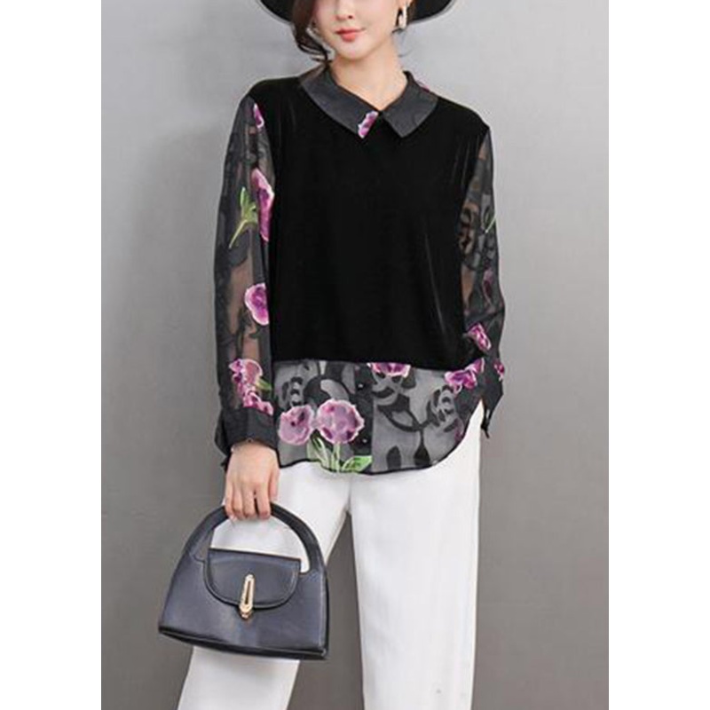 Vintage Black Peter Pan Collar Print Fake Two Pieces Silk Velour Shirt Spring