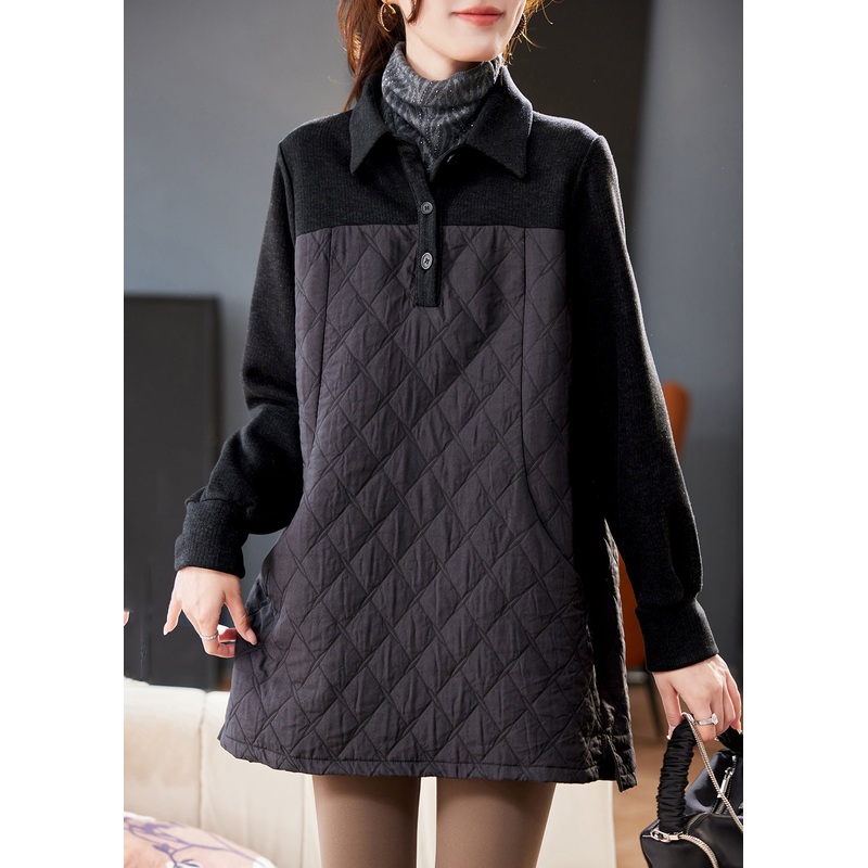 Women Black Peter Pan Collar Patchwork Plaid Sweatshirt Spring