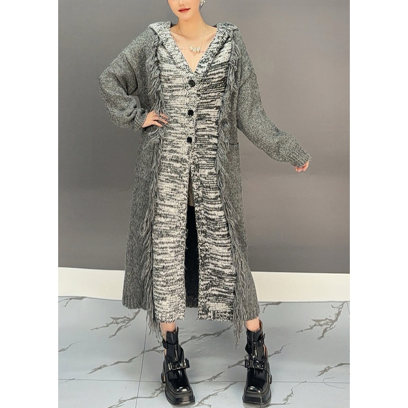 Women Dark Grey Patchwork Tassel Cotton Knit Hooded Cardigans Winter