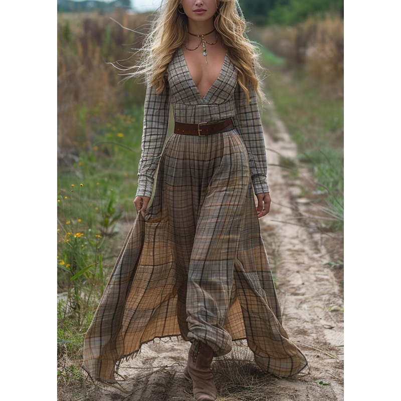Women Plaid Long Sleeve Bohemian Pastoral Dresses