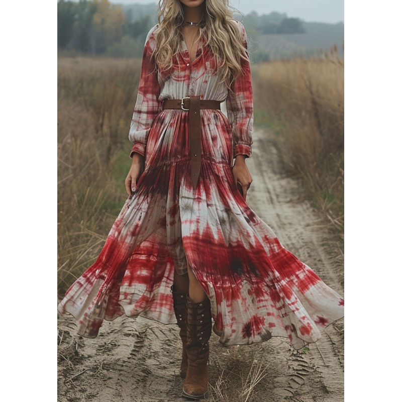 Women V Neck Tie Dye Cotton Pastoral Style Long Dress