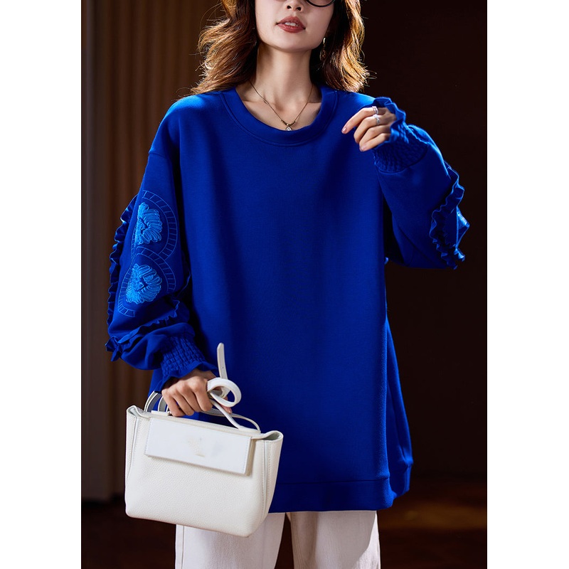 Casual Blue Ruffled Patchwork Embroidered Warm Fleece Sweatshirt Spring