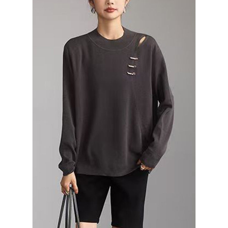 Chic Grey O-Neck Hollow Out Knit Top Spring