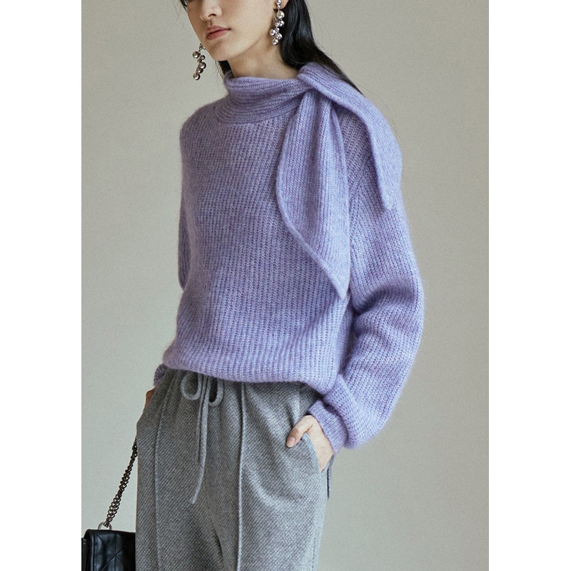 Chic Purple Lace Up Patchwork Cozy Knit Sweaters Fall