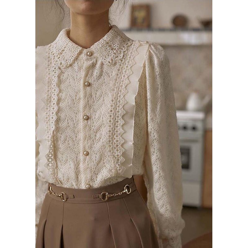 French Apricot Ruffled Button Patchwork Lace Shirt Long Sleeve