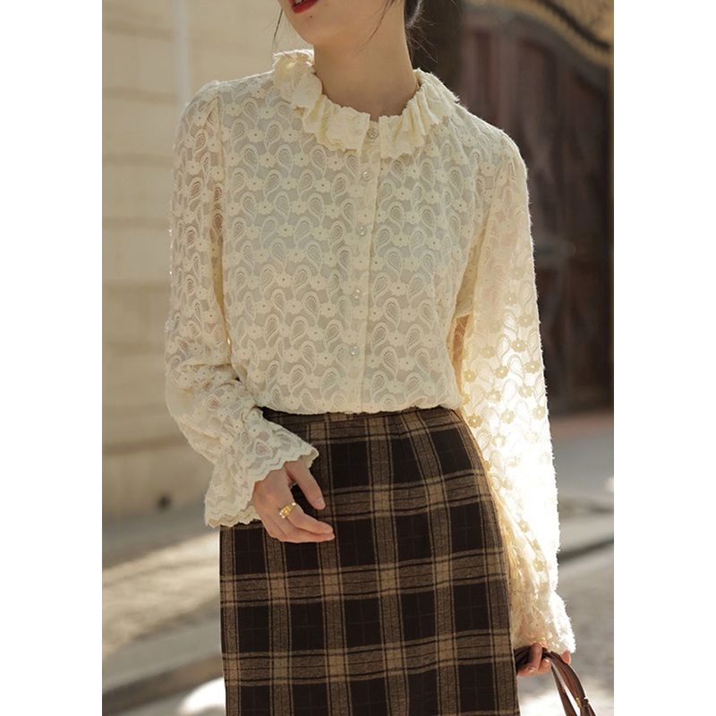 French Apricot Ruffled Button Patchwork Lace Top Long Sleeve