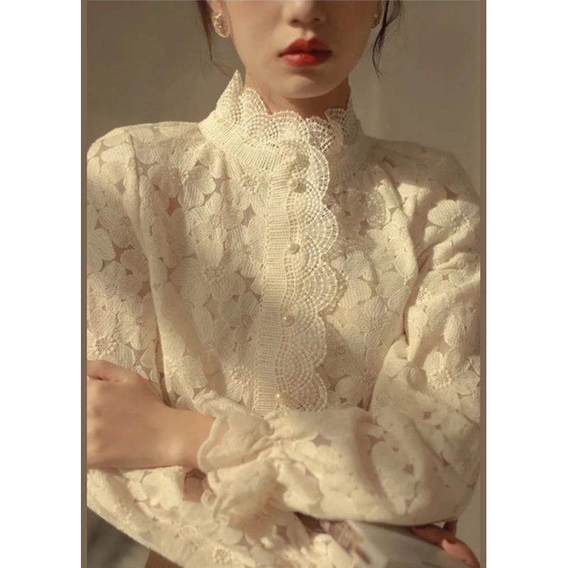 French Beige Stand Collar Lace Warm Fleece Top Long Sleeve