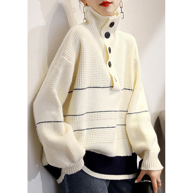French Beige Turtleneck Button Cozy Wool Knit Sweaters Long Sleeve