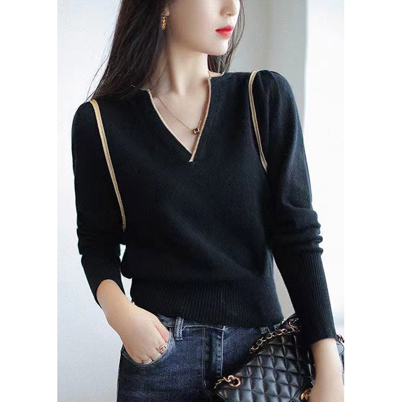 French Black V Neck Patchwork Cozy Knit Tops Fall