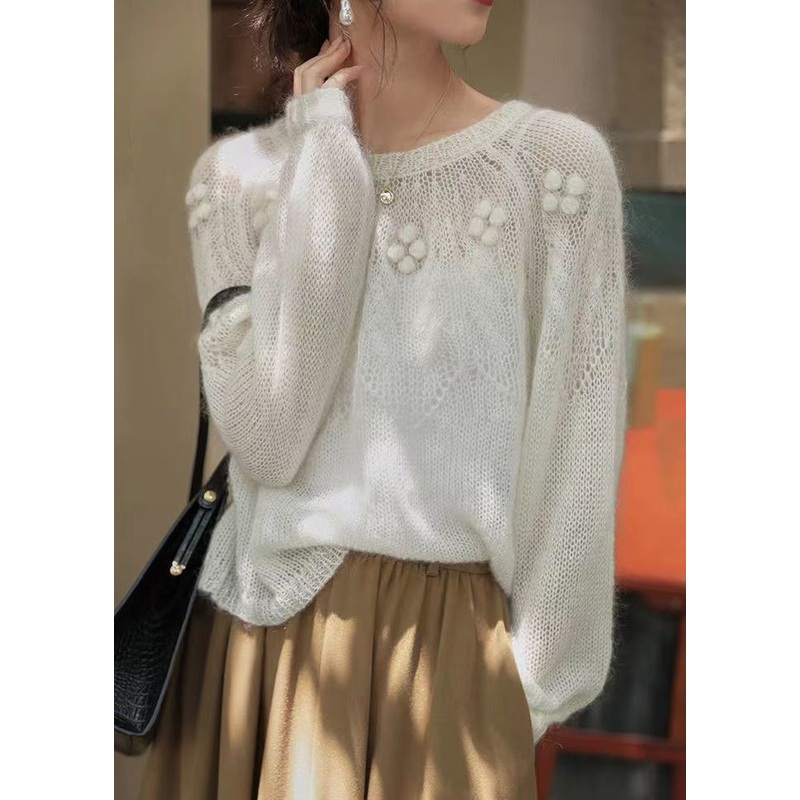 French White O Neck Hollow Out Patchwork Knit Sweaters Long Sleeve