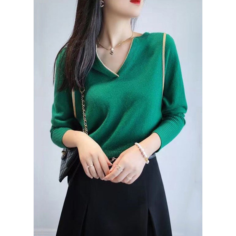 Green Patchwork Loose Knit Top V Neck Long Sleeve