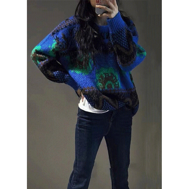 Italian Blue O Neck Patchwork Cotton Cozy Knit Sweaters Long Sleeve