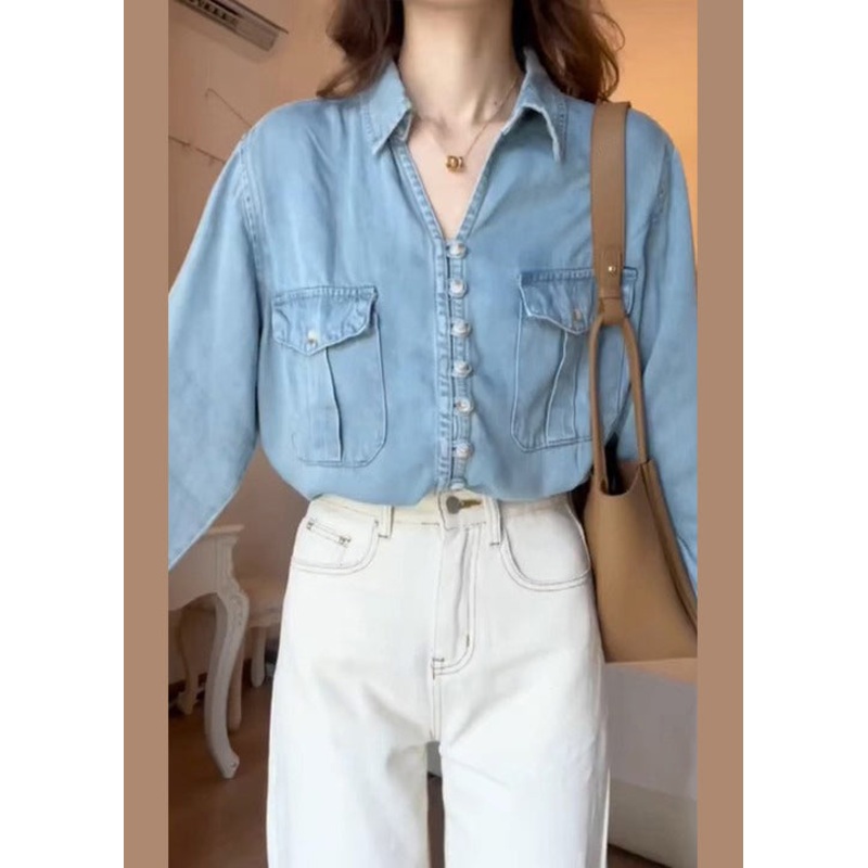Italian Blue Peter Pan Collar Patchwork Denim Top Fall
