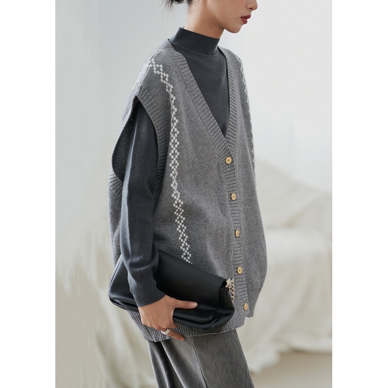 Loose Grey V Neck Button Cozy Knit Waistcoat Sleeveless