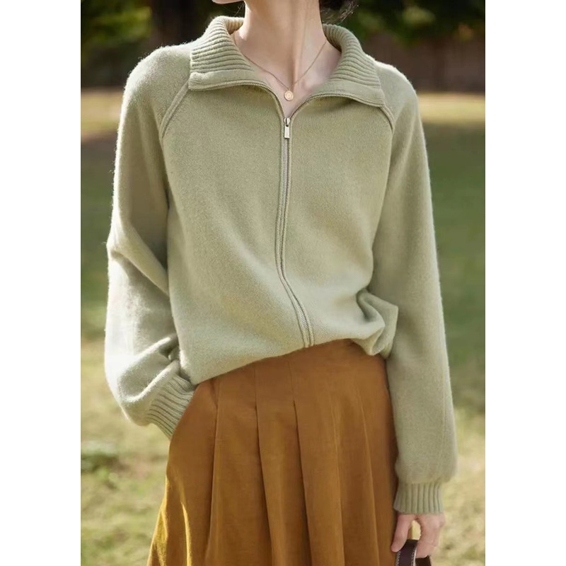 Loose Light Green Zip Up Patchwork Knit Coats Long Sleeve
