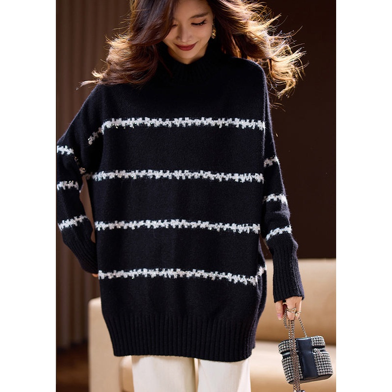 Modern Black O-Neck Floral Cotton Knit Sweaters Spring
