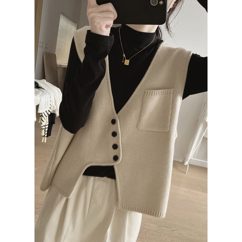 New Apricot Asymmetrical Button Patchwork Cotton Knit Waistcoat Sleeveless