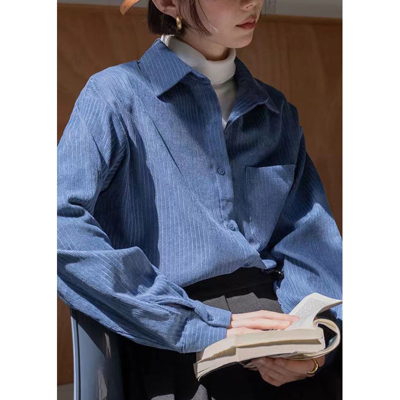 New Blue Peter Pan Collar Button Patchwork Corduroy Blouses Fall