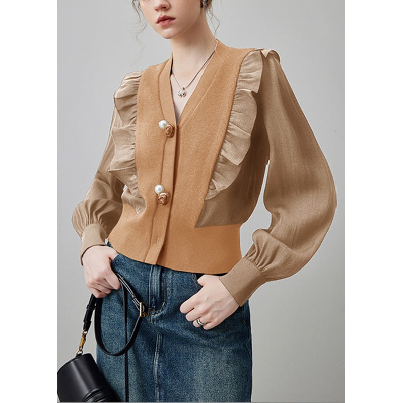 New Khaki V Neck Ruffled Patchwork Knit Top Long Sleeve