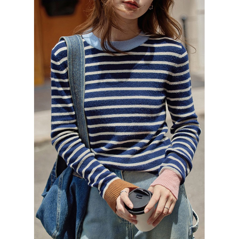 New Striped O Neck Patchwork Cozy Knit Sweaters Long Sleeve