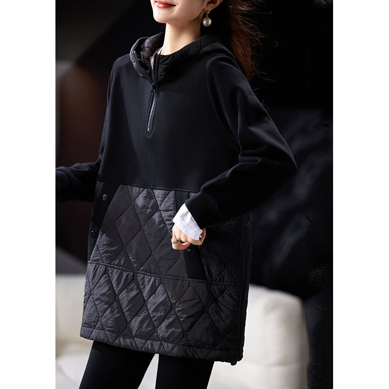 Organic Black Plaid Patchwork Zippered Hooded Pullover Spring