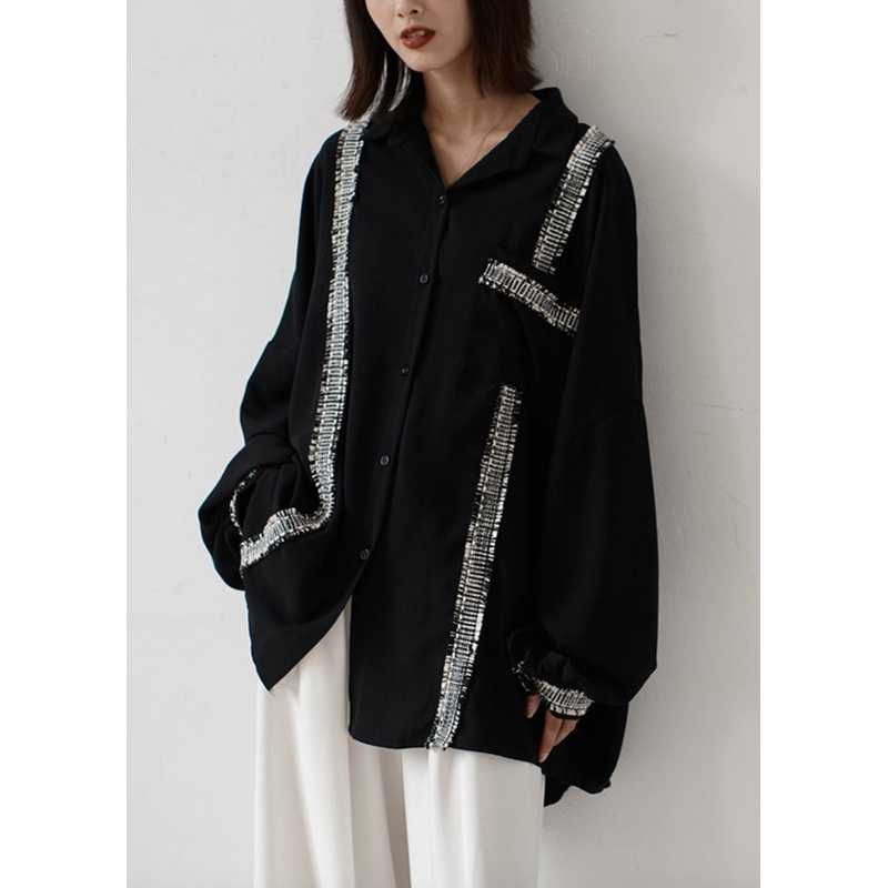 Plus Size Black Button Pockets Patchwork Chiffon Shirt Fall