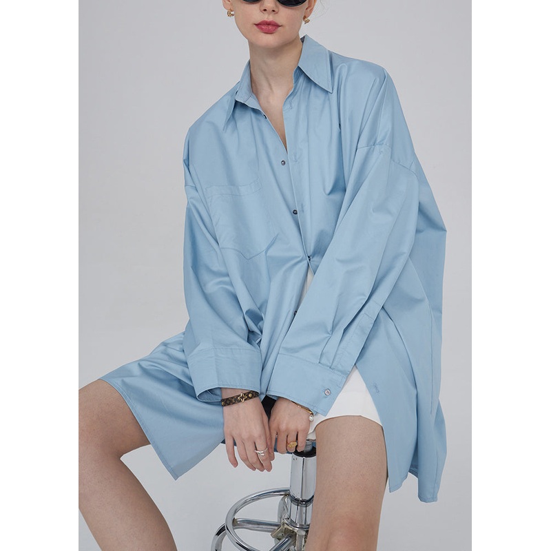 Plus Size Blue Button Pockets Patchwork Cotton Blouses Fall