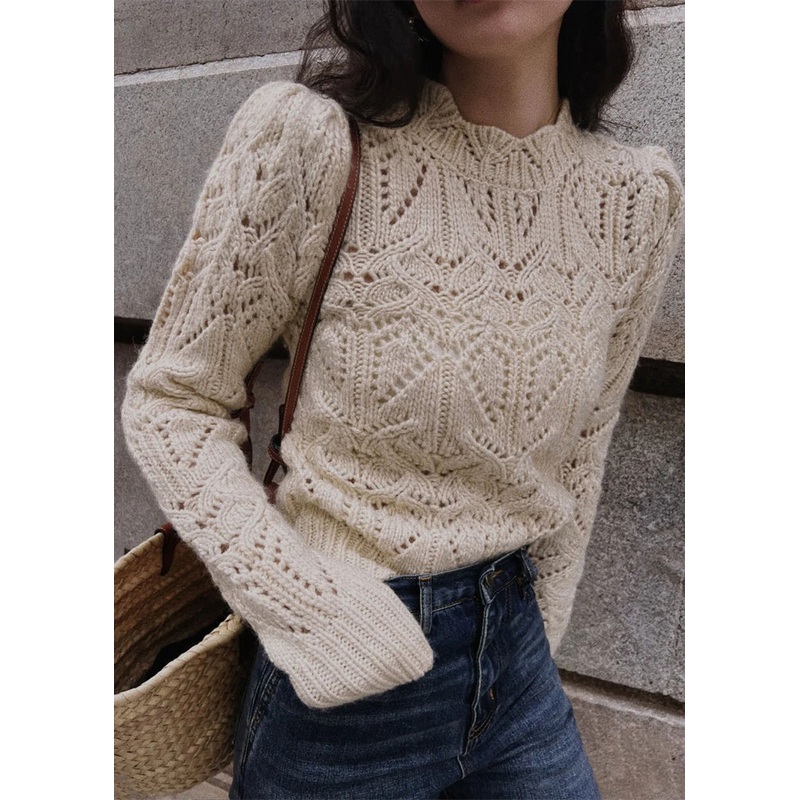 Simple Apricot Hollow Out Patchwork Knit Sweaters Fall