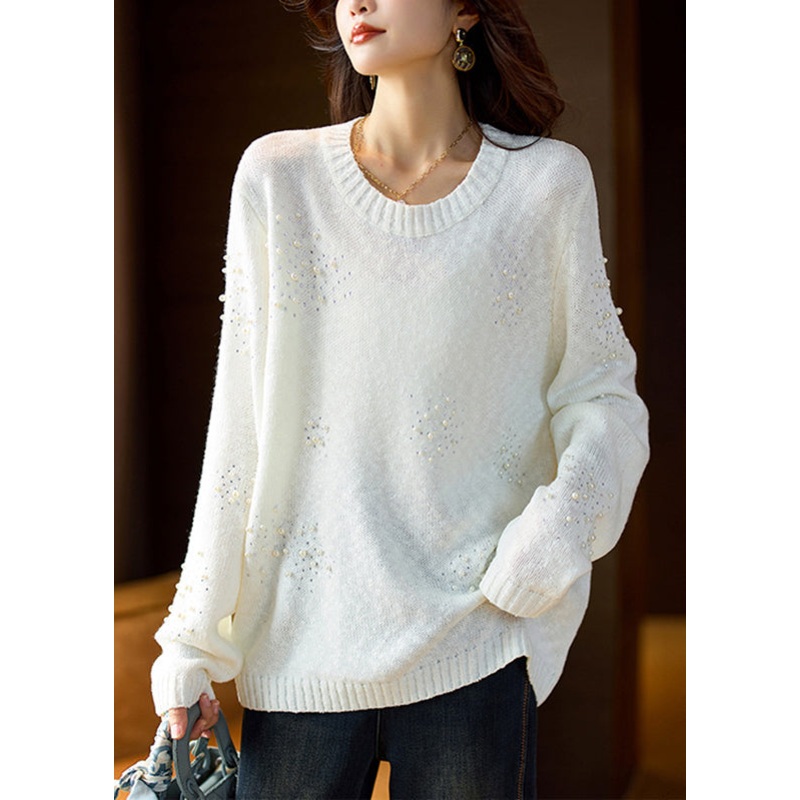 Stylish White O-Neck Nail Bead Cotton Knit Sweater Spring