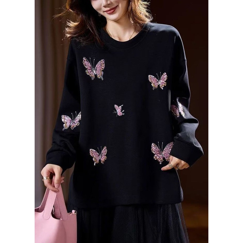 Unique Black O-Neck Butterfly Embroidered Pullover Spring